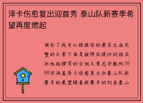 泽卡伤愈复出迎首秀 泰山队新赛季希望再度燃起